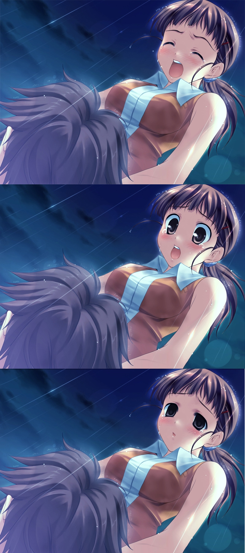 00s, blush, brown_hair, death, empty_eyes, highres, higurashi_akane, kurauchi_kazuya, my-hime, ponytail, rain, school_uniform, tears