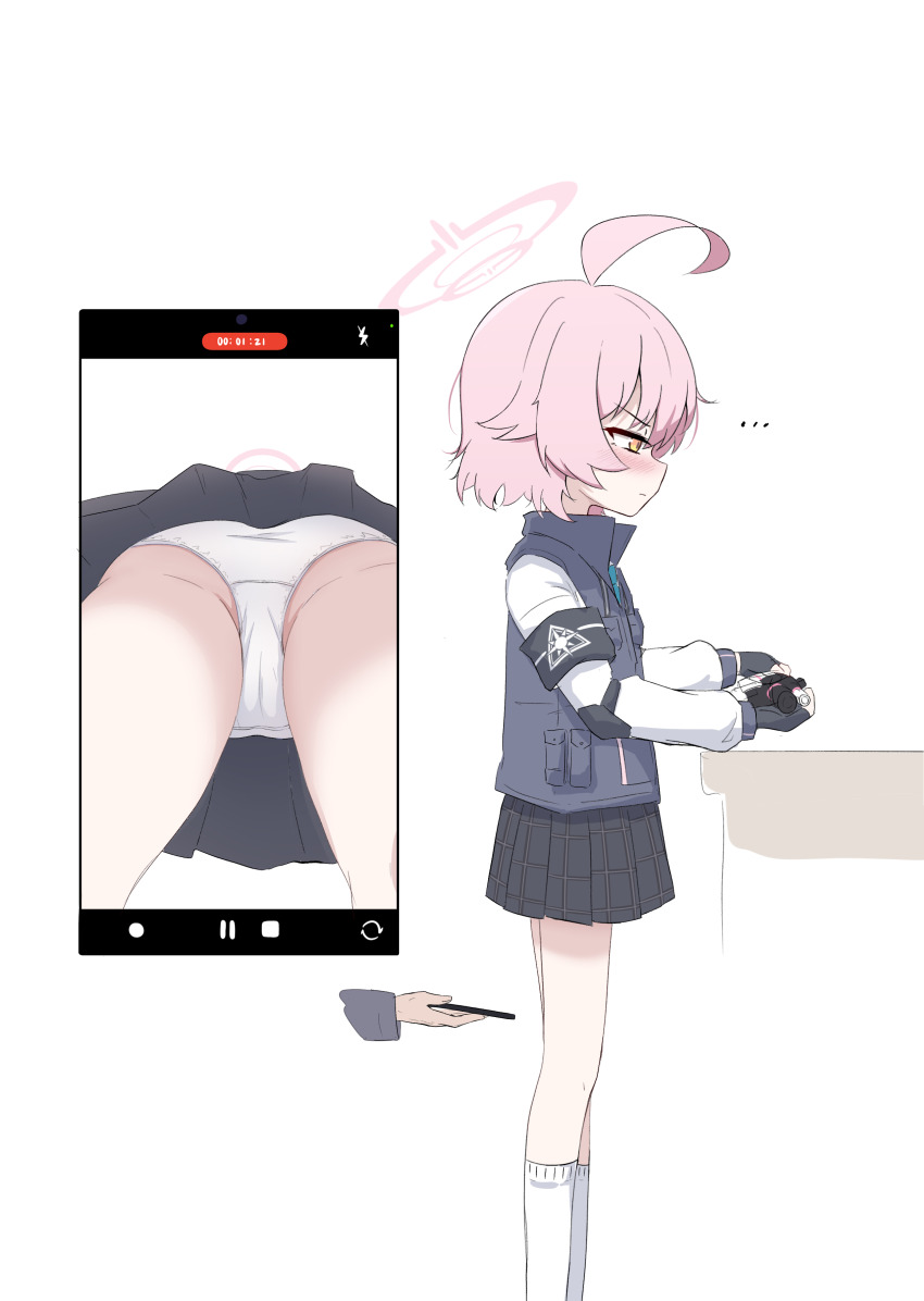 1girl, 1other, absurdres, ahoge, black_gloves, black_skirt, black_vest, blue_archive, blush, closed_mouth, fake_phone_screenshot, fake_screenshot, fingerless_gloves, gloves, highres, hoshino_(blue_archive), hoshino_(first_year)_(blue_archive), hoshino_(young)_(blue_archive), kiroshi, long_sleeves, panties, pink_hair, pleated_skirt, profile, shirt, short_hair, simple_background, skirt, socks, solo_focus, underwear, vest, white_background, white_panties, white_shirt, white_socks, yellow_eyes