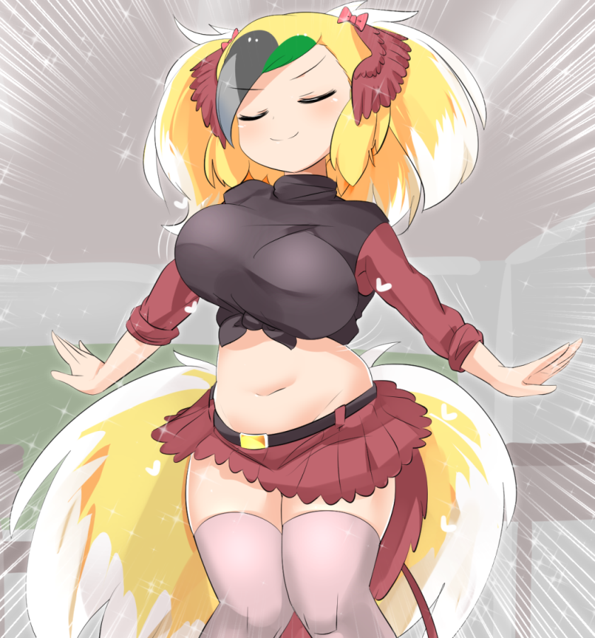 1girl, belt, bird_tail, bird_wings, black_belt, black_hair, blonde_hair, bow