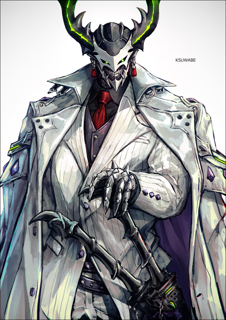 1boy, artist_name, buttoned_cuffs, buttons, coat, fate/grand_order, fate_(series), formal_clothes, green_eyes, hattori_takeo_(fate), horns, k-suwabe, male_focus, mask, necktie, red_tie, sharp_teeth, sheath, solo, suit, sword, teeth, weapon, white_coat, white_suit