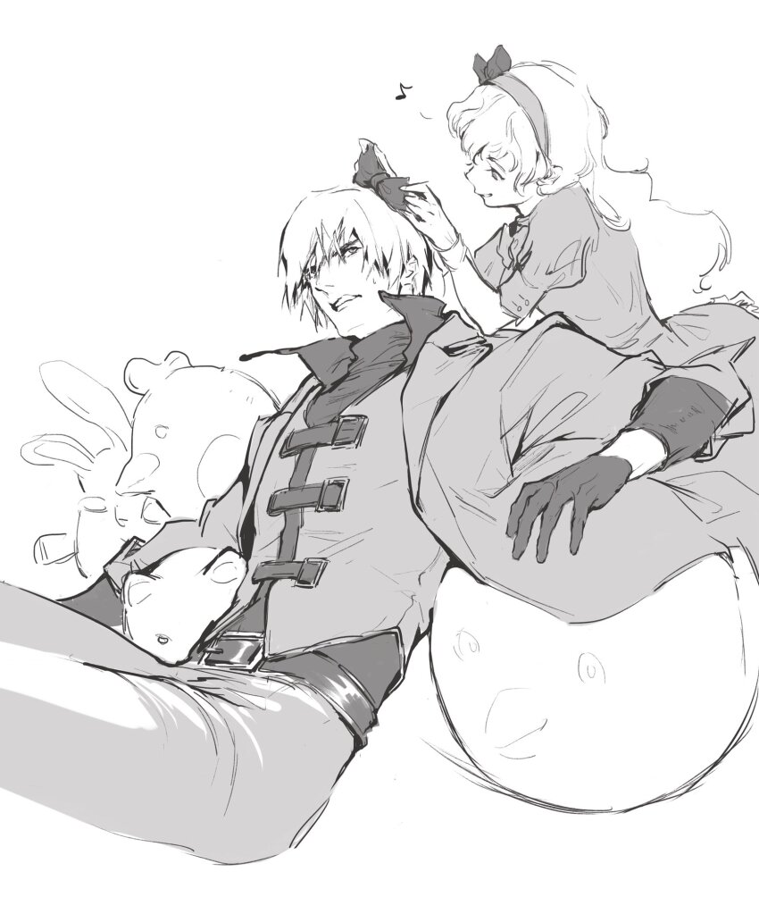 1boy, 1girl, annoyed, bow, chanasykine, closed_mouth, coat, dante_(devil_may_cry)