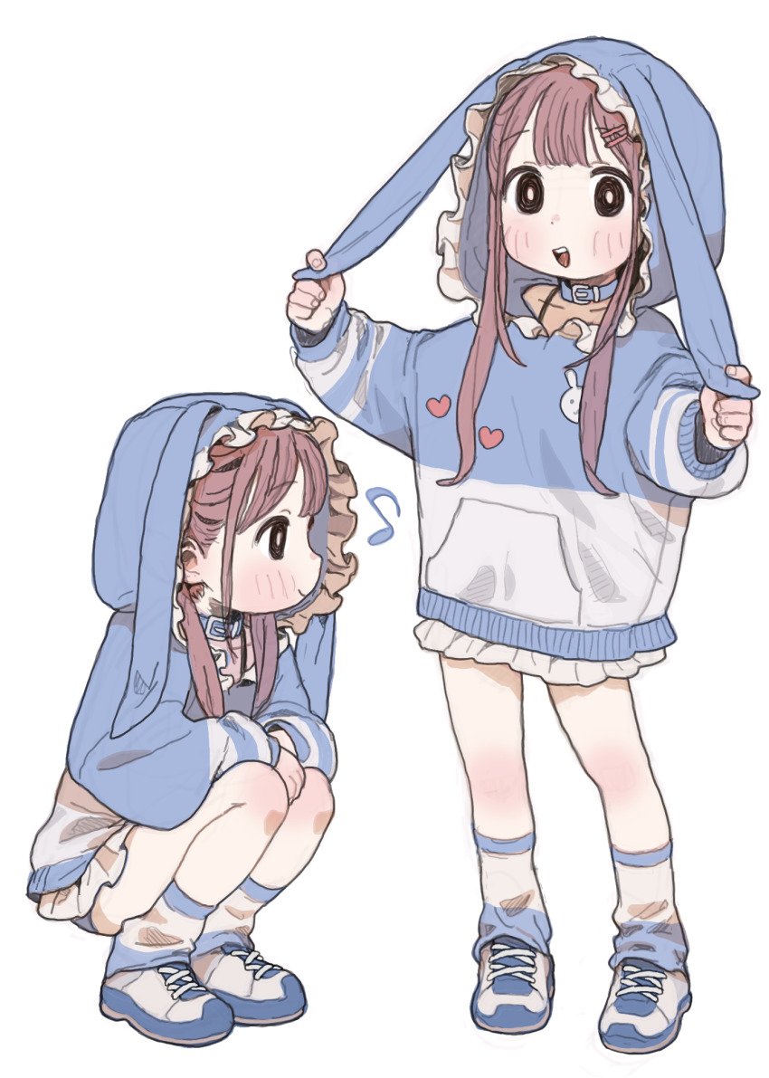 1girl, black_eyes, blue_collar, brown_hair, collar, commentary_request, cross-laced_footwear, frilled_hood