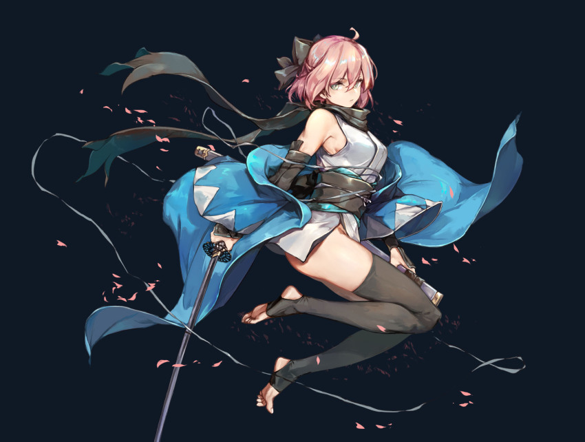 1girl, ahoge, black_background, black_bow, black_scarf, black_thighhighs, bow, breasts, choa_(narko11897), closed_mouth, commentary, falling_petals, fate/grand_order, fate_(series), floating, full_body, green_eyes, hair_between_eyes, hair_bow, haori, highres, holding, holding_sheath, holding_sword, holding_weapon, japanese_clothes, katana, kimono, koha-ace, looking_at_viewer, medium_breasts, no_shoes, obi, obijime, okita_souji_(fate), okita_souji_(koha-ace), okita_souji_(third_ascension)_(fate), petals, pink_hair, sash, scarf, sheath, short_hair, short_kimono, sleeveless, sleeveless_kimono, slit_pupils, solo, stirrup_legwear, sword, thighhighs, toeless_legwear, unsheathed, weapon, white_kimono