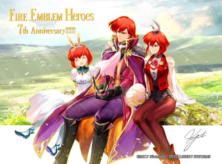 1boy, 2girls, anniversary, black_gloves, brother_and_sister, cape, capelet, closed_eyes