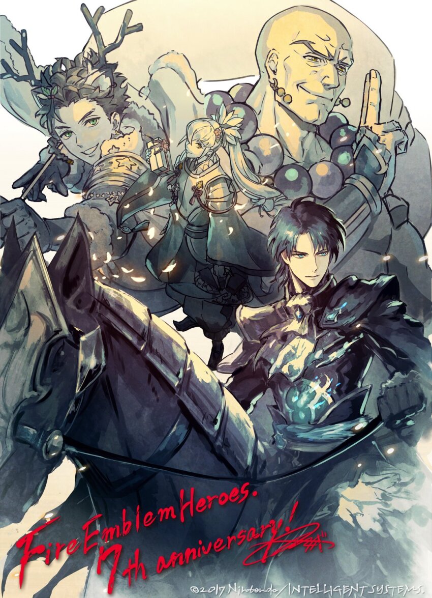 4boys, anniversary, bald, beads, bow_(weapon), cape, claude_von_riegan, claude_von_riegan_(yuletide_schemer)