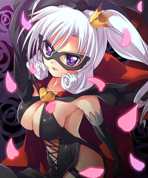 10s, 1girl, arsene, breasts, cape, cleavage, criss_cross_top, crown