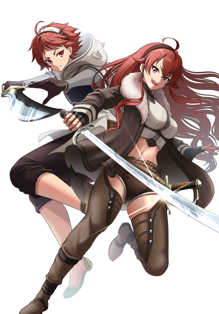 2girls, :d, absurdres, age_comparison, aged_up, ahoge, animal_ear_hood, black_gloves, black_hairband, boots, breasts, brown_footwear, brown_gloves, brown_jacket, brown_shorts, capri_pants, cloak, closed_mouth, commentary, commission, crop_top, cropped_shirt, crossed_bangs, dual_persona, eris_greyrat, fake_animal_ears, fingerless_gloves, flats, fur-trimmed_jacket, fur_trim, glint, gloves, hair_between_eyes, hairband, highres, holding, holding_sword, holding_weapon, hood, hood_down, hooded_cloak, jacket, kepekki_kanojo, large_breasts, long_hair, long_sleeves, looking_at_viewer, multiple_girls, mushoku_tensei, navel, open_clothes, open_jacket, open_mouth, pants, pixiv_commission, red_eyes, red_hair, sheath, sheathed, shirt, short_hair, shorts, sidelocks, simple_background, sleeveless, sleeveless_shirt, small_breasts, smile, standing, standing_on_one_leg, sword, teeth, thick_eyebrows, thigh_boots, underbust, upper_teeth_only, very_long_hair, weapon, white_background, white_cloak, white_shirt