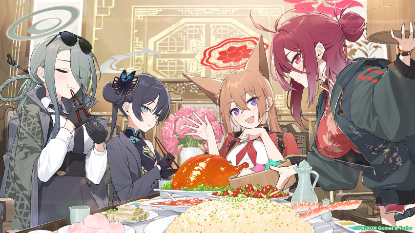 4girls, bamboo_steamer, steamed_bun, blue_archive, china_dress, chinese_clothes, chopsticks, closed_eyes