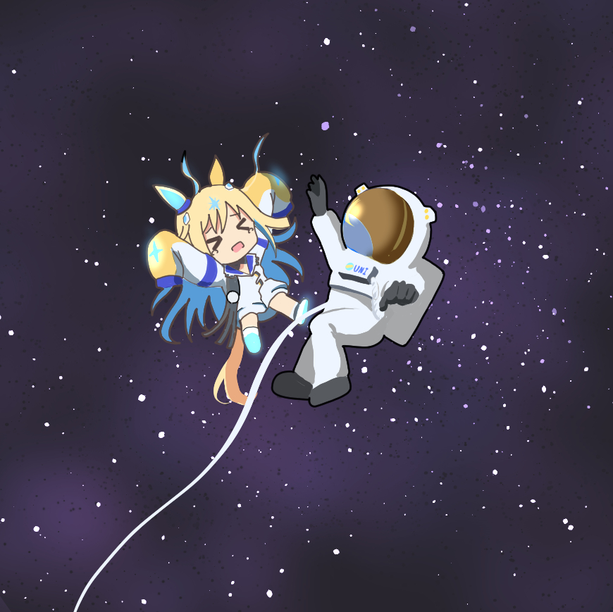 >_<, 1girl, 1other, ahoge, animal_ears, astronaut, blonde_hair, blue_hair