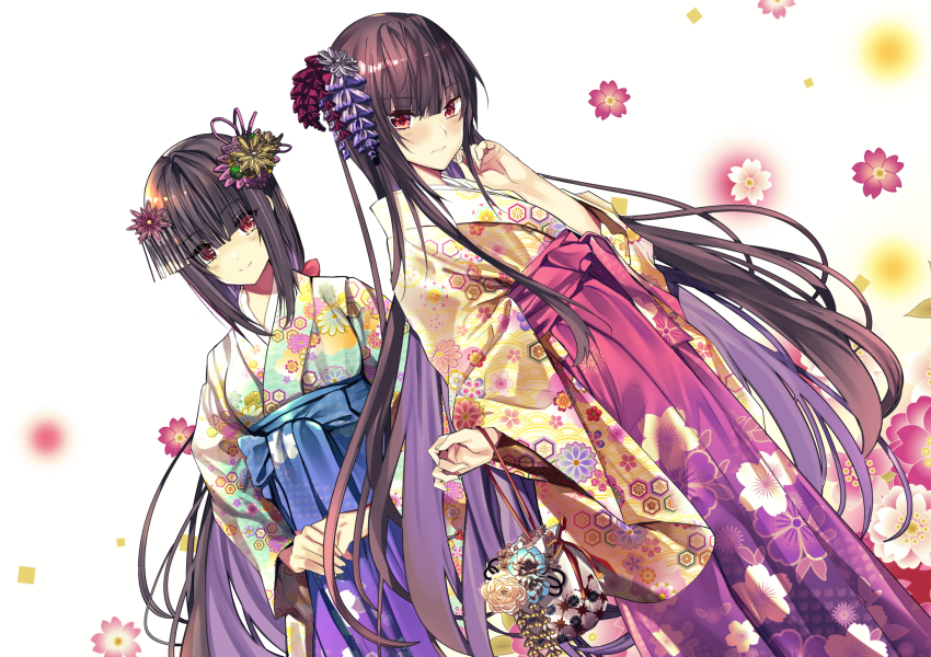 2girls, 3:, black_hair, blue_hakama, floral_print, flower, gradient_hakama, green_kimono