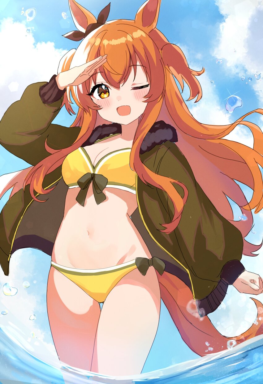 1girl, absurdres, animal_ears, bikini, bomber_jacket, breasts, cleavage, clenched_hand