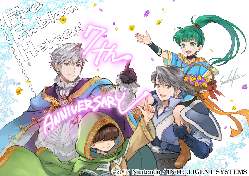 1girl, 1other, 2boys, aged_down, anniversary, basket, book, brown_hair, cape, cloak, fire_emblem, fire_emblem:_the_blazing_blade, fire_emblem_awakening, flower, green_eyes, green_hair, green_hoodie, grey_hair, hair_over_eyes, holding, holding_book, hood, hooded_cloak, hoodie, inigo_(fire_emblem), long_hair, looking_at_viewer, lyn_(fire_emblem), lyn_(winds_of_hope)_(fire_emblem), male_robin_(exalt's_deliverer)_(fire_emblem), male_robin_(fire_emblem), mark_(fire_emblem:_the_blazing_blade), mark_(winds_of_hope)_(fire_emblem:_the_blazing_blade), multiple_boys, nintendo, official_alternate_costume, official_art, ponytail, purple_cape, short_hair, smile, wada_sachiko, white_hair