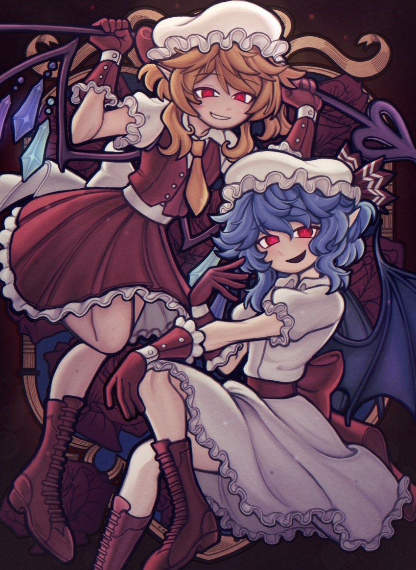 2girls, ascot, back_bow, bat_wings, blonde_hair, blue_hair, boots, bow, brown_footwear, collared_shirt, crystal, flandre_scarlet, frilled_gloves, frilled_skirt, frills, gloves, glowing, glowing_eyes, hand_up, hat, hat_ribbon, highres, lace-up_boots, laevatein_(touhou), looking_at_viewer, medium_hair, mob_cap, multiple_girls, pointy_ears, puffy_short_sleeves, puffy_sleeves, red_bow, red_eyes, red_gloves, red_skirt, red_vest, remilia_scarlet, ribbon, russian_commentary, sadcringe8, shirt, short_sleeves, skirt, smug, touhou, vest, white_bow, white_headwear, white_shirt, white_skirt, wings, yellow_ascot