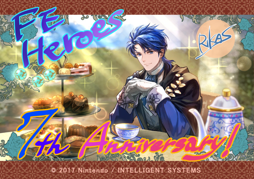 1boy, anniversary, artist_name, blue_eyes, blue_hair, cloak, desserts, fire_emblem
