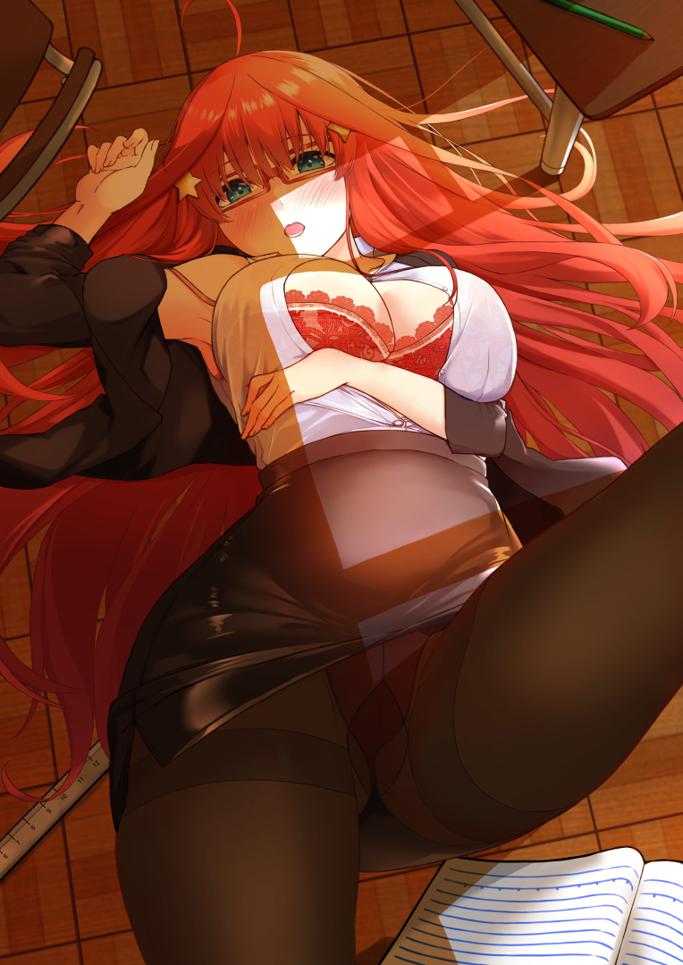 1girl, ahoge, arm_under_breasts, arm_up, armpits, black_pantyhose, black_skirt, blue_eyes, blush, bra, breasts, cleavage, fallen_down, feet_out_of_frame, gluteal_fold, go-toubun_no_hanayome, gusset, hair_ornament, hairclip, indoors, lace, lace_bra, large_breasts, long_hair, looking_at_viewer, lying, nakano_itsuki, notebook, off_shoulder, on_back, on_floor, open_clothes, open_mouth, open_shirt, panties, pantyhose, rectangular_eyewear, red_bra, red_hair, red_panties, ruler, shirt, skirt, solo, star_(symbol), star_hair_ornament, teacher, thighband_pantyhose, thighs, underwear, white_shirt, yakutashi