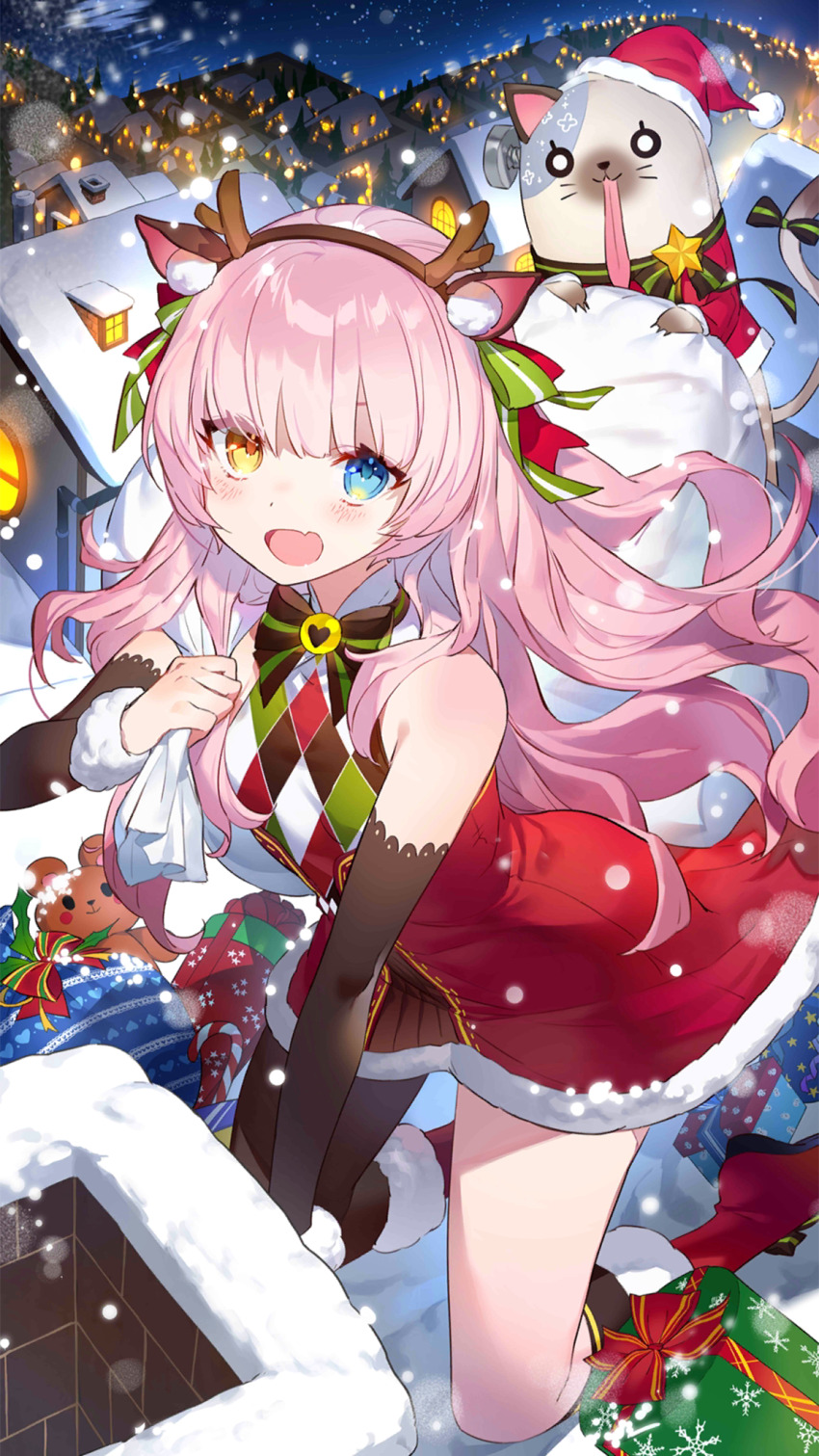 1girl, :d, animal_ears, ankle_boots, antlers, arm_support, arm_warmers, asymmetrical_legwear