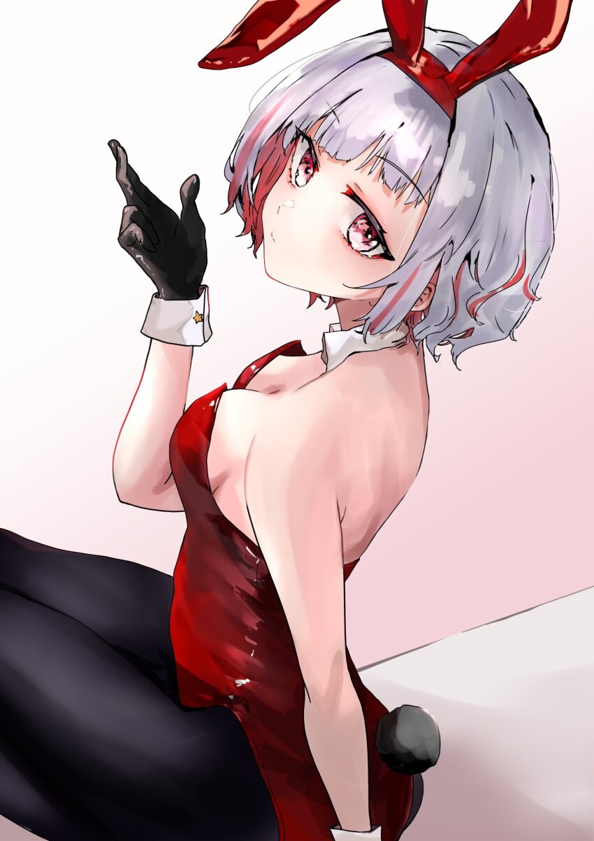 1girl, animal_ears, asymmetrical_bangs, bare_shoulders, black_gloves, black_pantyhose, breasts, cleavage