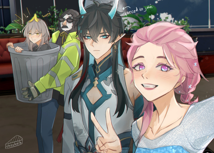 1boy, 1other, 2girls, annoyed, aqua_eyes, aqua_horns, arms_at_sides, artist_name