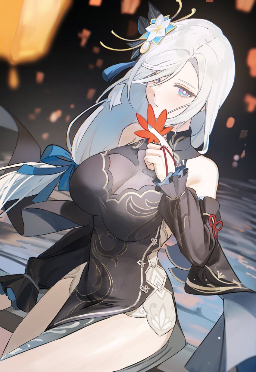 1girl, bare_shoulders, black_dress, blue_eyes, blue_nails, blue_ribbon, breasts, china_dress