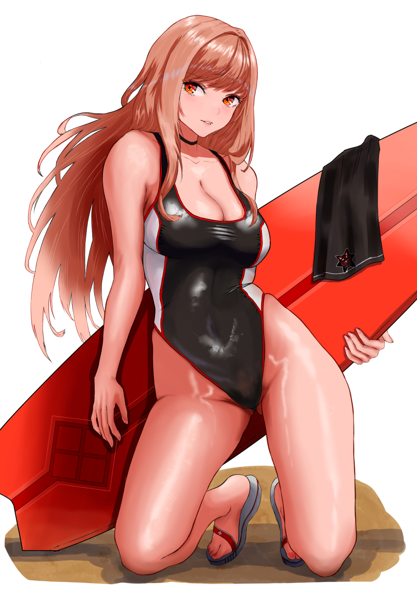 1girl, absurdres, black_one-piece_swimsuit, blush, breasts, brown_hair, cleavage, competition_swimsuit