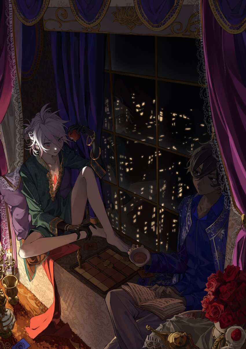 2boys, arjuna_(fate), asian_indian_clothes, barefoot, bishounen, black_eyes, black_hair, blue_eyes, book, bottomless, brothers, candlelight, city_lights, cityscape, colored_skin, crossed_legs, cup, curtains, dark-skinned_male, dark_skin, eating, eyeshadow, fate/grand_order, fate_(series), flower, food, fruit, full_body, hair_between_eyes, highres, holding, holding_cup, holding_food, holding_fruit, indoors, karna_(fate), knees_up, looking_at_another, makeup, male_focus, multiple_boys, night, open_book, open_mouth, pale_skin, red_eyeshadow, red_flower, red_rose, rose, short_hair, siblings, sitting, white_hair, white_skin, window, yeguangmusi