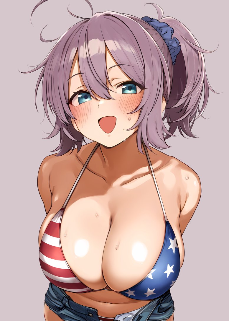 1girl, ahoge, american_flag, american_flag_bikini, american_flag_print, aoba_(kancolle), arms_behind_back, bare_shoulders