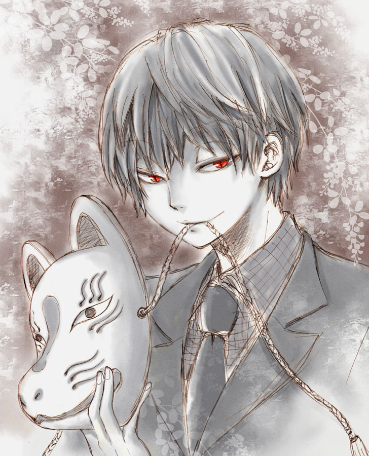 1boy, bad_id, bad_pixiv_id, formal_clothes, fox_mask, holding, kiben_gakuha_yotsuya-senpai_no_kaidan, kudou_tadanobu