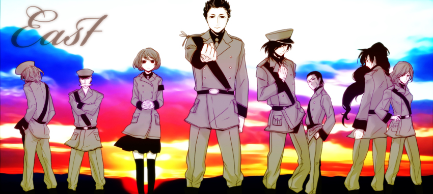 1girl, 6+boys, beard, date_masamune_(sengoku_basara), facial_hair, fuuma_kotarou_(sengoku_basara), hat, highres