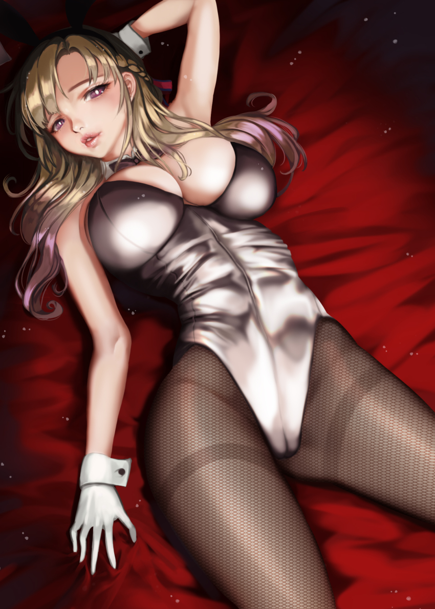 1girl, blonde_hair, bow, bowtie, breasts, brown_pantyhose, cleavage, detached_collar, fishnet_pantyhose, fishnet_thighhighs, fishnets, gloves, grazelz, highleg, highleg_leotard, highres, large_breasts, leotard, long_hair, looking_at_viewer, oosuki_mamako, pantyhose, playboy_bunny, purple_eyes, solo, strapless, strapless_leotard, thighband_pantyhose, thighhighs, tsuujou_kougeki_ga_zentai_kougeki_de_ni-kai_kougeki_no_okaasan_wa_suki_desu_ka?, white_gloves, wrist_cuffs