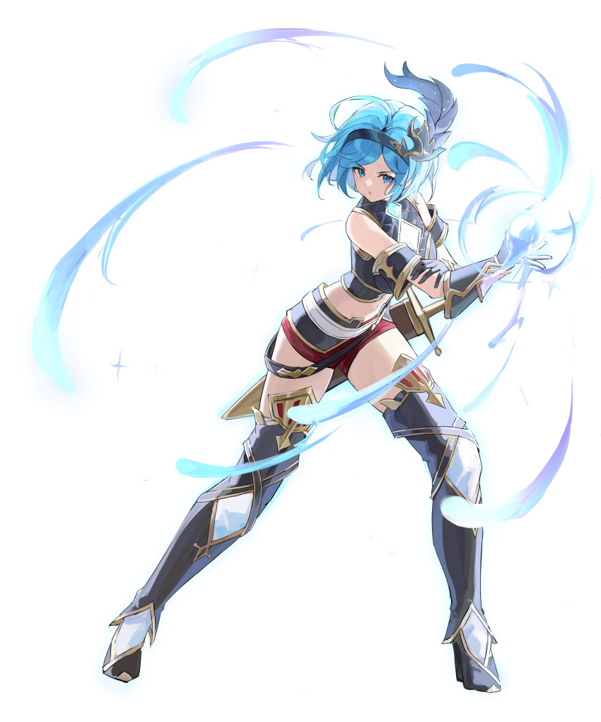 1girl, absurdres, armor, armored_boots, black_armor, black_shirt, blue_eyes, blue_hair