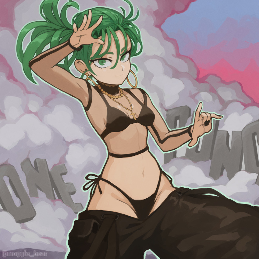 1girl, absurdres, alternate_costume, alternate_hairstyle, arm_up, artist_name, bead_necklace, beads, bikini, bikini_under_clothes, black_bikini, black_nails, black_pants, closed_mouth, copyright_name, cross, cross_necklace, curly_hair, curvy, earrings, green_eyes, green_hair, groin, hand_up, highres, hoop_earrings, jewelry, mogglebear, nail_polish, navel, necklace, official_alternate_costume, official_alternate_hairstyle, one-punch_man, pants, petite, shiny_skin, side-tie_bikini_bottom, smoke, solo, swimsuit, tatsumaki, tatsumaki_(chapter_171_cover), thong, thong_bikini, wide_hips