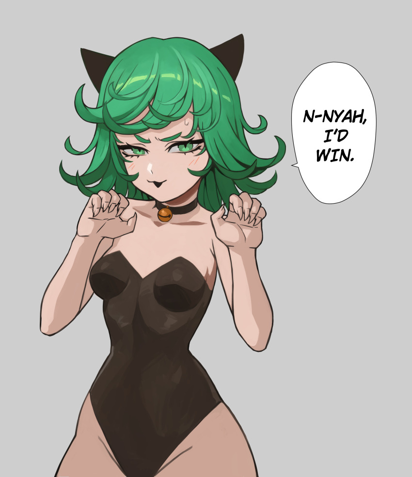1girl, :o, absurdres, animal_ears, bell, black_choker, black_leotard, blush, brown_leotard, cat_ears, choker, claw_pose, cowboy_shot, curly_hair, curvy, english_text, fingernails, green_eyes, green_hair, grey_background, groin, highres, leotard, medium_hair, meme, mogglebear, nah_i'd_win_(meme), neck_bell, nontraditional_playboy_bunny, one-punch_man, petite, sharp_fingernails, simple_background, smile, solo, speech_bubble, strapless, strapless_leotard, sweat, sweatdrop, tatsumaki, wide_hips