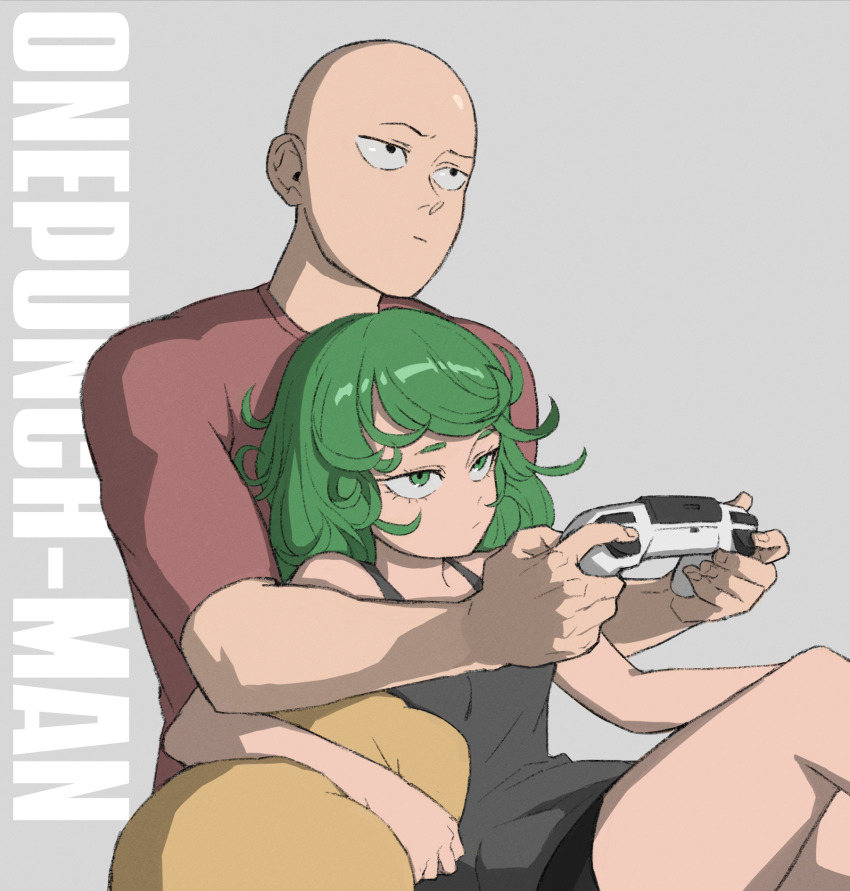 1boy, 1girl, artist_name, bald, bare_shoulders, black_shirt, black_shorts, breasts