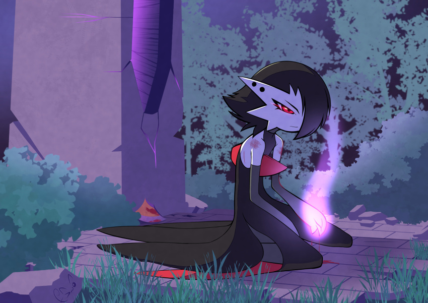 1girl, alternate_color, alternate_shiny_pokemon, aura, bare_shoulders, black_dress, black_hair, blood