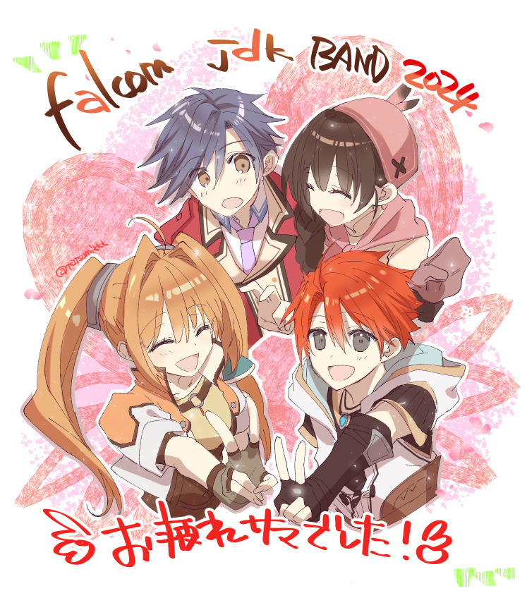 2boys, 2girls, :d, :o, adol_christin, ahoge, artist_name, blue_hair, braid, brown_eyes, brown_hair, closed_eyes, commentary_request, company_connection, company_name, eiyuu_densetsu, estelle_bright, falcom, gloves, grey_eyes, hair_between_eyes, heart, multiple_boys, multiple_girls, necktie, open_mouth, orange_hair, parted_bangs, purple_necktie, rean_schwarzer, red_hair, sen_no_kiseki_(series), sen_no_kiseki_i, short_hair, single_braid, smile, sora_no_kiseki, tatsumikkk, thors_military_academy_class_vii_uniform, translation_request, twintails, twitter_username, v, white_gloves, ys, ys_origin, ys_x:_nordics, yunica_tovah