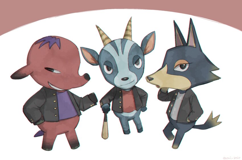 3boys, animal_crossing, artist_name, baseball_bat, black_eyes, black_jacket, brown_horns, bruce_(animal_crossing)