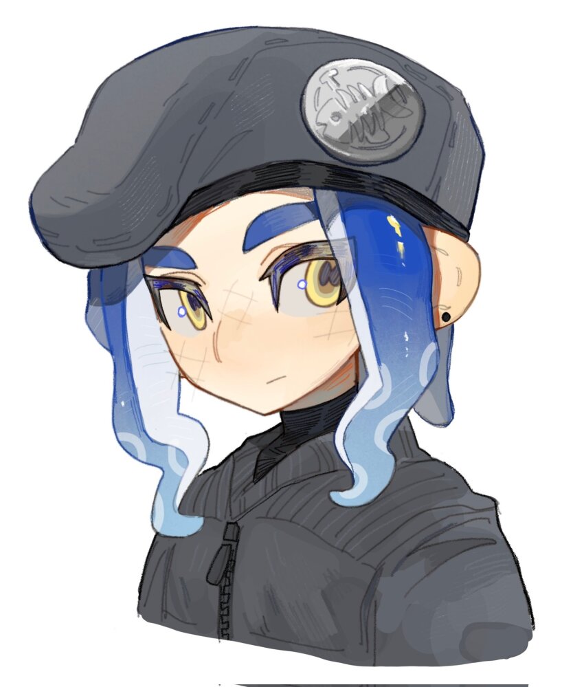 1boy, beret, blue_hair, cephalopod_eyes, closed_mouth, commentary, commission, cropped_torso