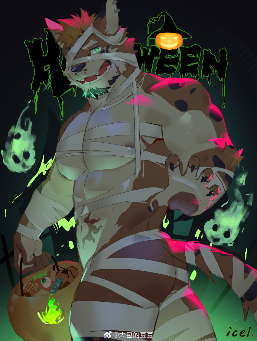 1boy, abs, absurdres, animal_ears, ass, bandage_over_one_eye, bandaged_arm, bandaged_neck