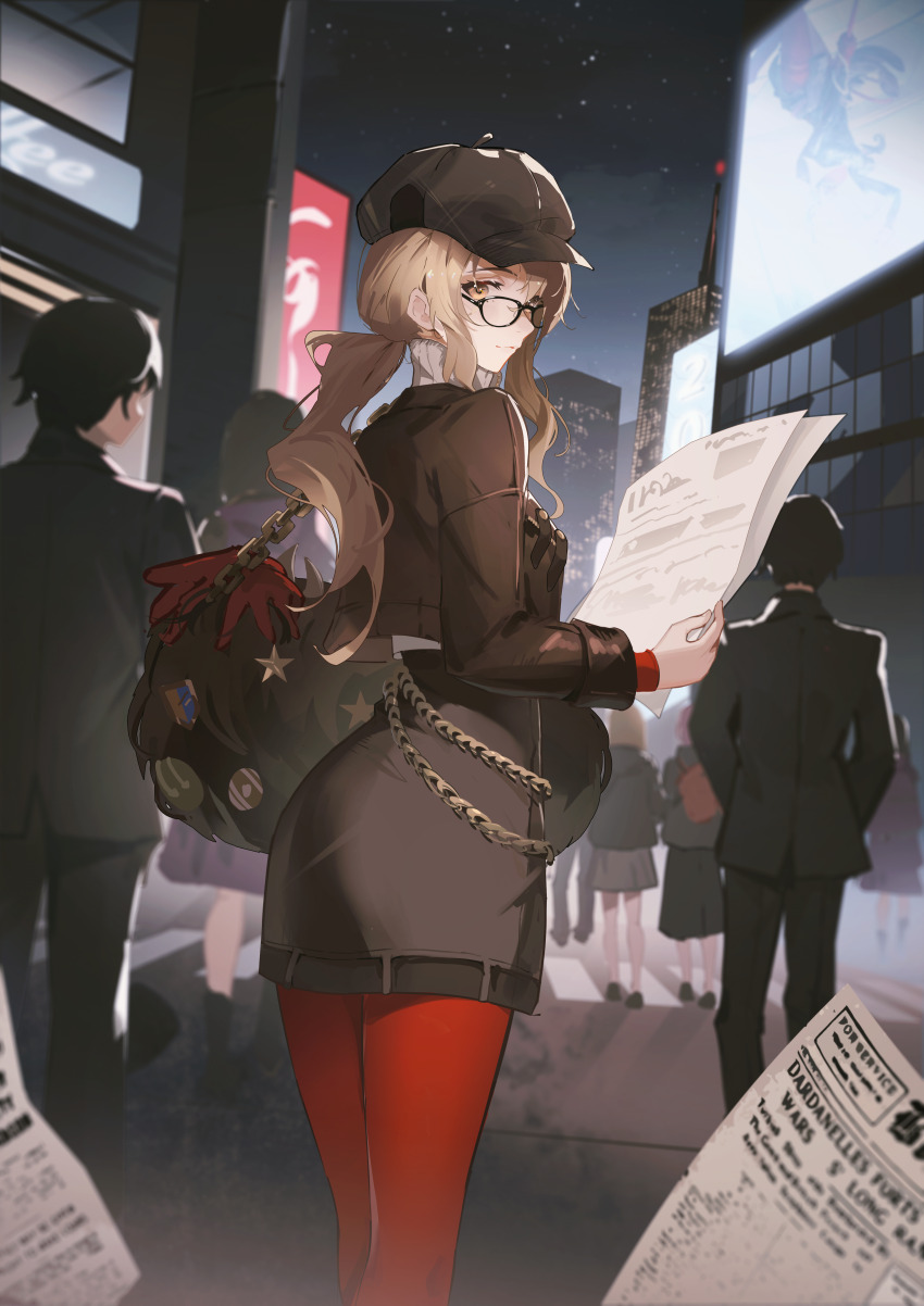 1girl, absurdres, blonde_hair, newsboy_cap, crowd, glasses, hat, highres