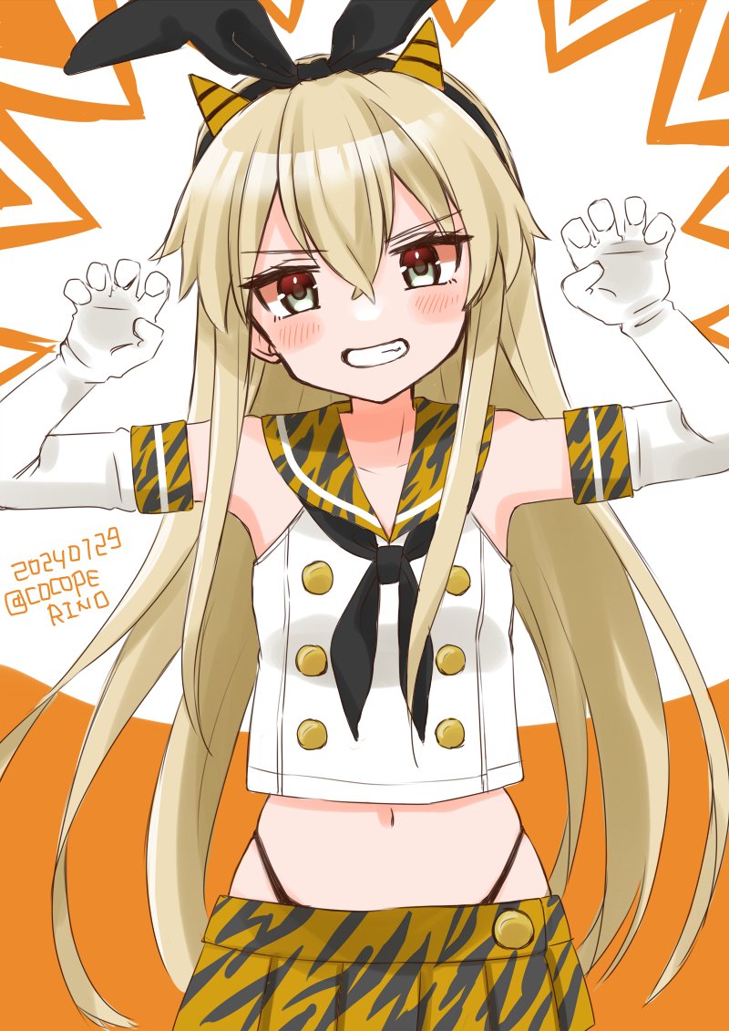 1girl, adapted_costume, animal_print, black_hairband, black_neckerchief, black_panties, blonde_hair, clenched_teeth
