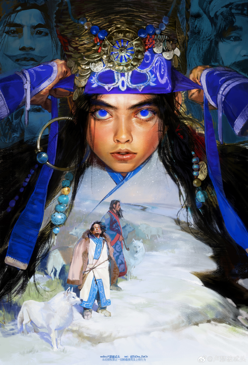 1girl, 2boys, absurdres, ainu, ainu_clothes, asirpa, bandana, blue_bandana