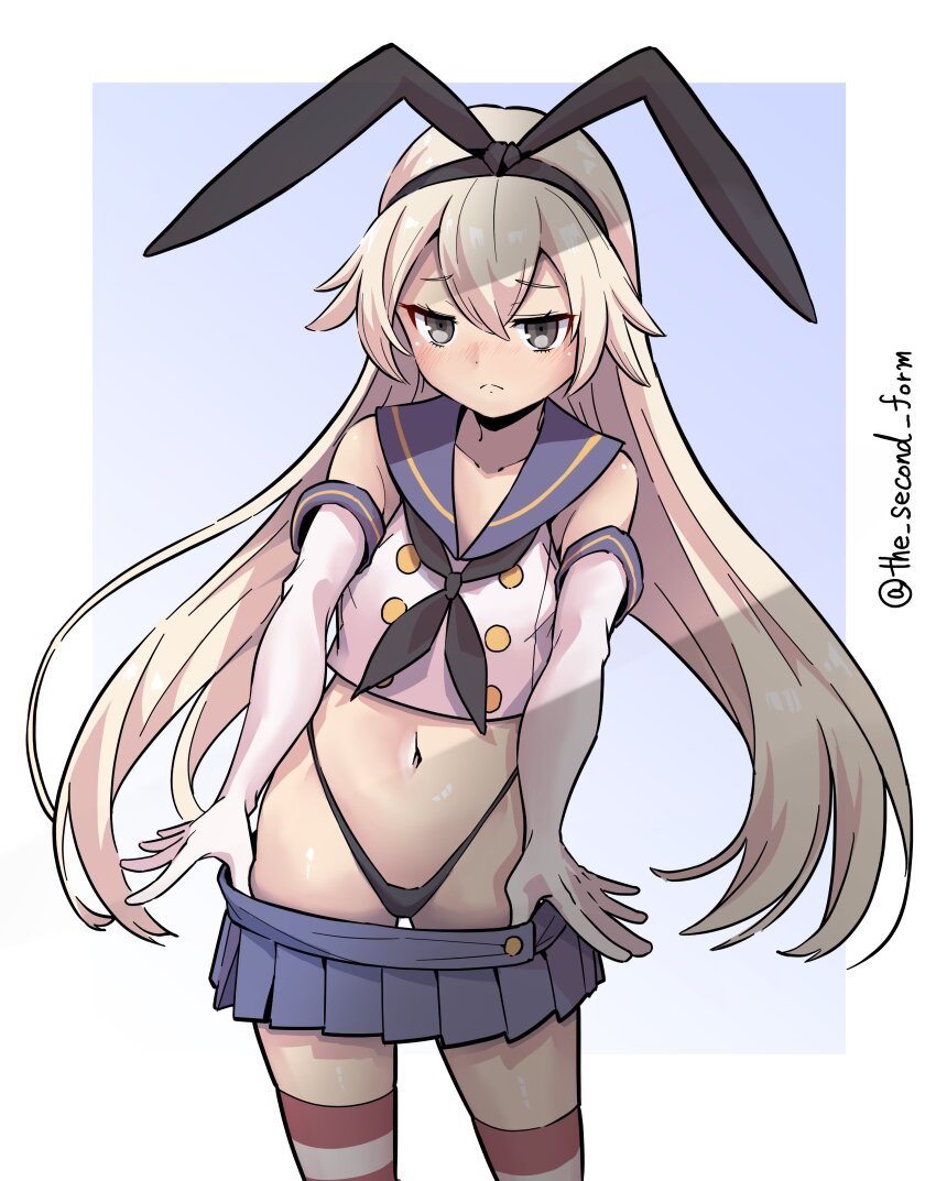 1girl, absurdres, black_hairband, black_neckerchief, black_panties, blonde_hair, blue_sailor_collar, blue_skirt, crop_top, elbow_gloves, gloves, grey_eyes, hairband, highleg, highleg_panties, highres, holly_dainikeitai, kantai_collection, long_hair, looking_at_viewer, microskirt, miniskirt, neckerchief, one-hour_drawing_challenge, panties, pleated_skirt, sailor_collar, shimakaze_(kancolle), shirt, skirt, sleeveless, sleeveless_shirt, solo, standing, striped_clothes, striped_thighhighs, thigh_gap, thighhighs, twitter_username, underwear, undressing, white_gloves