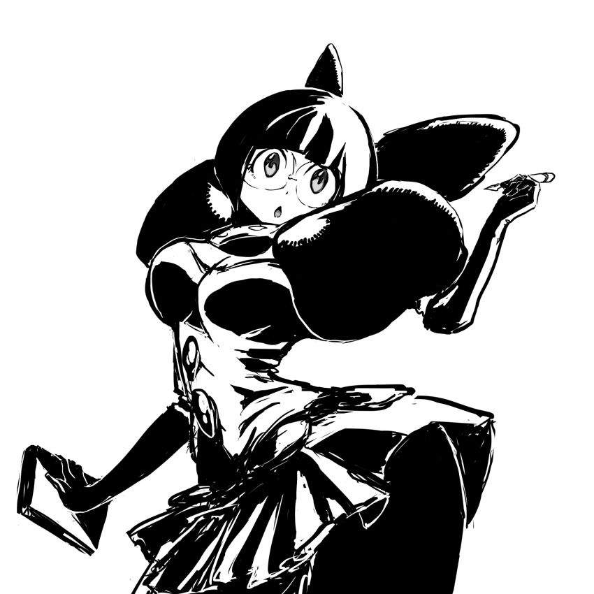 1girl, blunt_bangs, bob_cut, book, bow, breasts, buttons, cleavage, glasses, highres, holding, holding_book, holding_pen, large_bow, large_breasts, monochrome, nintendo, pantyhose, pen, pokemon, pokemon_black_and_white, rimless_eyewear, round_eyewear, shauntal_(pokemon), sketch, skirt, solo, taro_quidare