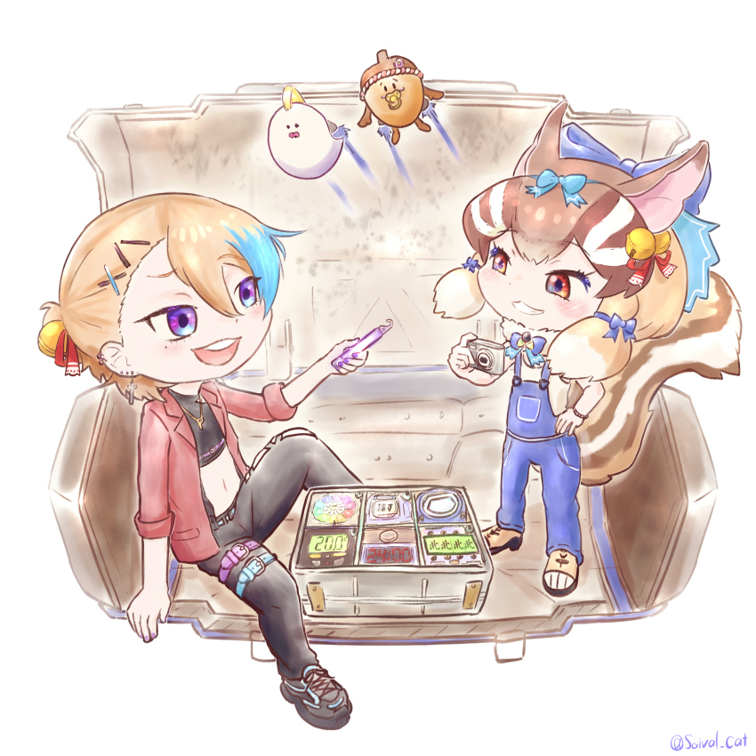 2girls, absurdres, animal_ears, belt, blonde_hair, blue_eyes, brown_eyes, brown_hair