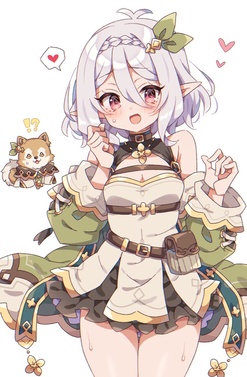 !?, 1girl, bare_shoulders, blush, braid, breasts, closed_mouth, cowboy_shot