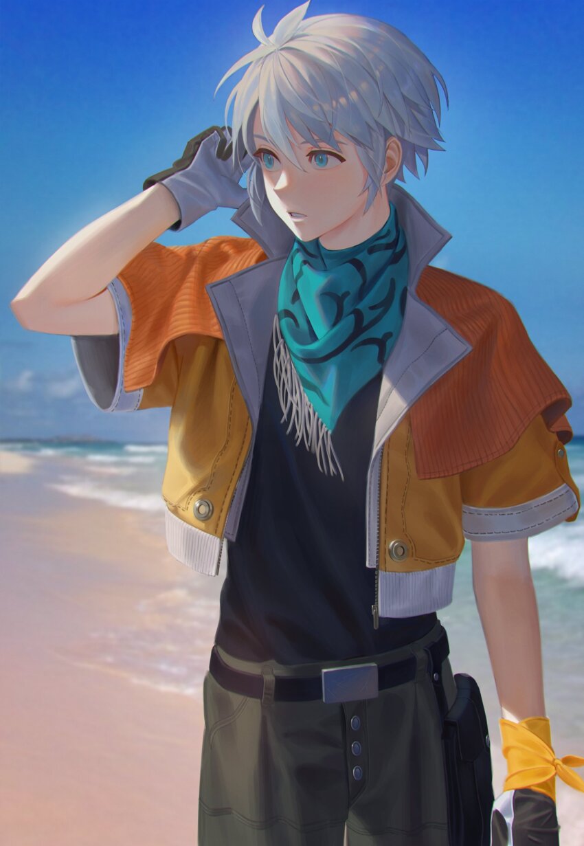 1boy, absurdres, aheure0329, aqua_eyes, aqua_neckerchief, aqua_scarf, beach, belt, black_belt, black_shirt, cowboy_shot, cropped_jacket, final_fantasy, final_fantasy_xiii, gloves, grey_gloves, grey_hair, grey_pants, hair_between_eyes, hand_in_own_hair, highres, hope_estheim, jacket, looking_to_the_side, male_focus, neckerchief, ocean, orange_jacket, outdoors, pants, parted_lips, scarf, shirt, shirt_tucked_in, short_hair, short_sleeves, solo