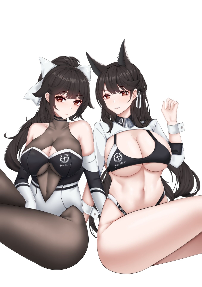 2girls, atago_(azur_lane), atago_(stunning_speedster)_(azur_lane), azur_lane, bare_shoulders, bikini, black_bikini, black_hair