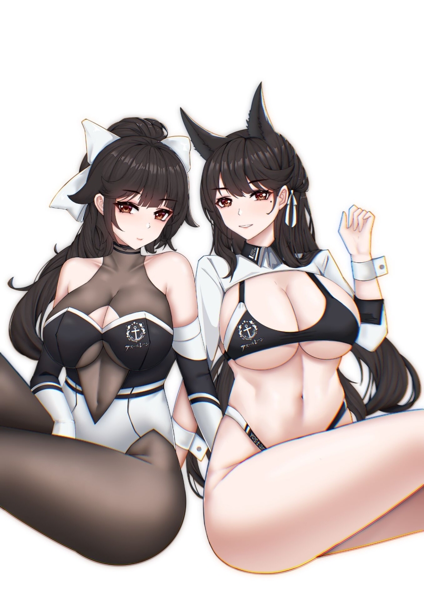 2girls, atago_(azur_lane), atago_(stunning_speedster)_(azur_lane), azur_lane, bare_shoulders, bikini, black_bikini, black_hair