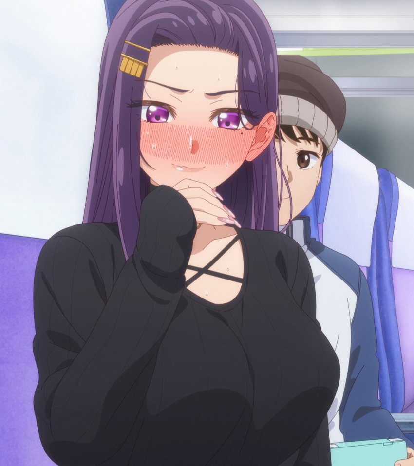 1boy, 1girl, absurdres, akino_sayuri, anime_screenshot, arm_under_breasts, black_choker, black_hair, black_shirt, blush, breasts, brown_eyes, bus, choker, dosanko_gal_wa_namaramenkoi, fingernails, hair_ornament, hairclip, highres, large_breasts, lips, long_fingernails, long_sleeves, mole, mole_under_eye, motor_vehicle, nail_polish, pink_nails, purple_eyes, shiki_tsubasa, shirt, sitting, smile, stitched, third-party_edit, vehicle_interior