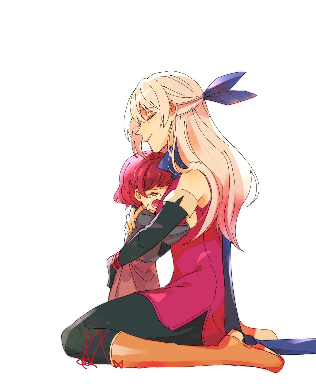 2girls, aged_down, black_gloves, black_pants, blue_ribbon, blue_scarf, boots, child, closed_eyes, closed_mouth, commentary_request, crying, e8coofn0klibdx1, elbow_gloves, fire_emblem, fire_emblem:_radiant_dawn, fire_emblem_engage, gloves, grey_shirt, hair_ribbon, highres, hug, long_hair, micaiah_(fire_emblem), multiple_girls, nintendo, open_mouth, orange_boots, pants, profile, red_hair, red_shirt, red_skirt, ribbon, scarf, shirt, short_hair, sitting, skirt, sleeveless, sleeveless_shirt, tearing_up, wariza, white_shirt, yunaka_(fire_emblem)